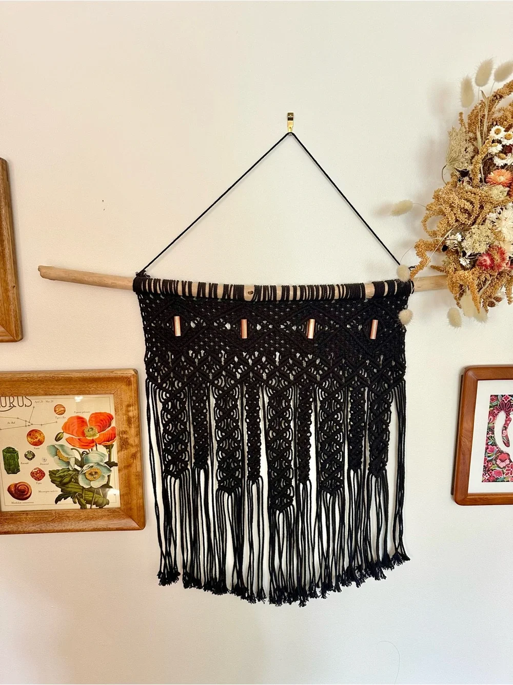 Handcrafted Black Macramé Wall Hanging with Copper Tubes